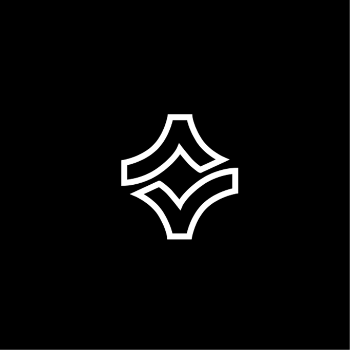 A black background with a white geometric star-shaped design in the center.