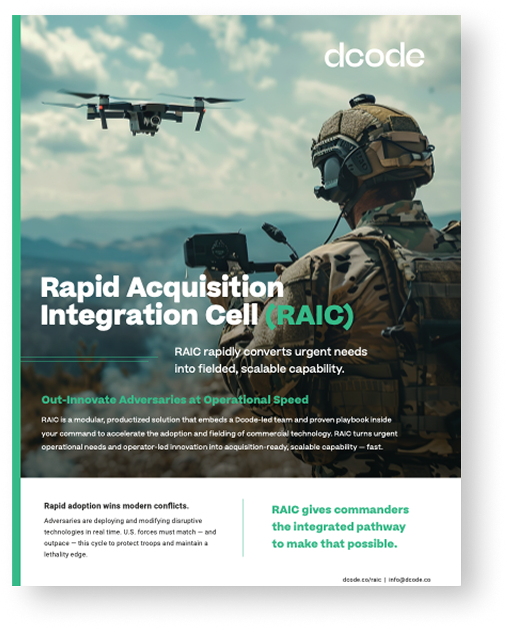 A soldier in camouflage uniform and helmet using a tablet or mobile device, with a drone flying in the sky above them, surrounded by landscape with mountains and clouds.