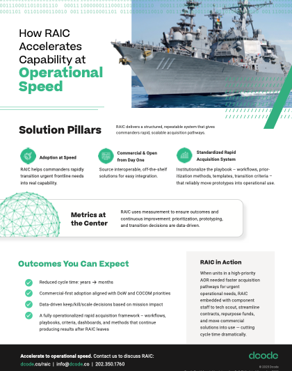 infographic about how RAIC accelerates operational speed with solution pillars like adoption at speed, commercial and open source, standardized rapid acquisition, and metrics at the center. Features a naval ship and digital graphics.