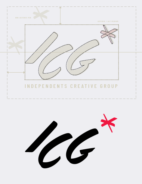 Logo design with stylized letters G and I in light beige and black, accompanied by abstract dragonfly graphics in light grey and red.