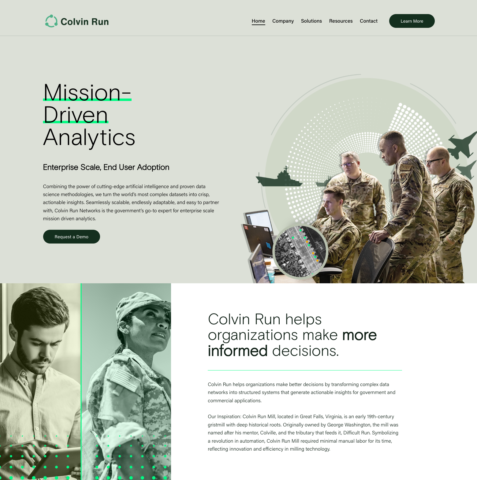 Homepage of Colvin Run website with military personnel at computers, featuring graphics of ships and planes, and text about mission-driven analytics for organizations.