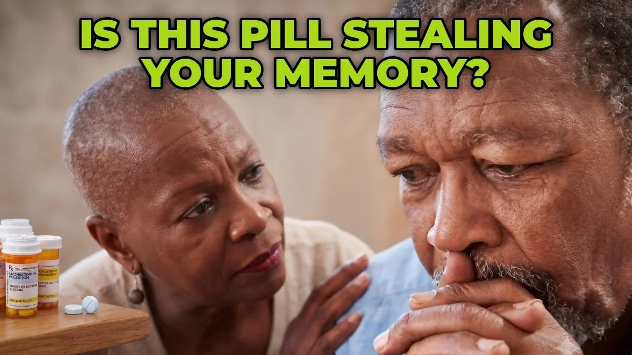Video featuring Dr. David Lee discussing drug-induced memory loss, thumbnail featuring an elderly couple with pill bottles.