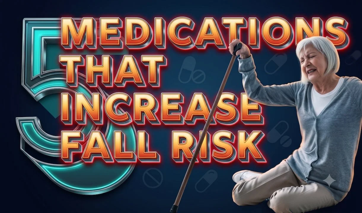 Video featuring Dr. David Lee discussing fall risk medications, thumbnail featuring a woman on the floor holding a cane.