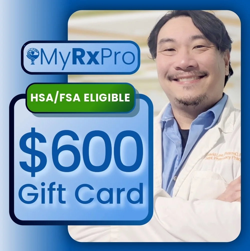 A $600 MyRxPro digital gift card for geriatric pharmacy triage consultations and caregiver advocacy resources.