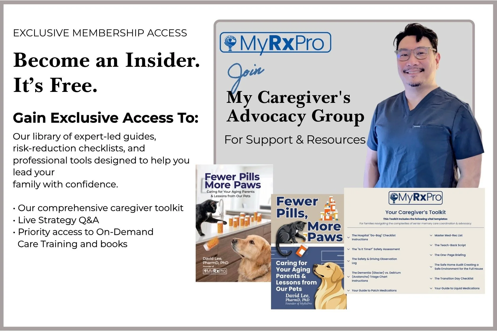 MyRxPro caregiver resources flyer featuring Dr. David Lee, his book for aging parents, and caregiver toolkit details.