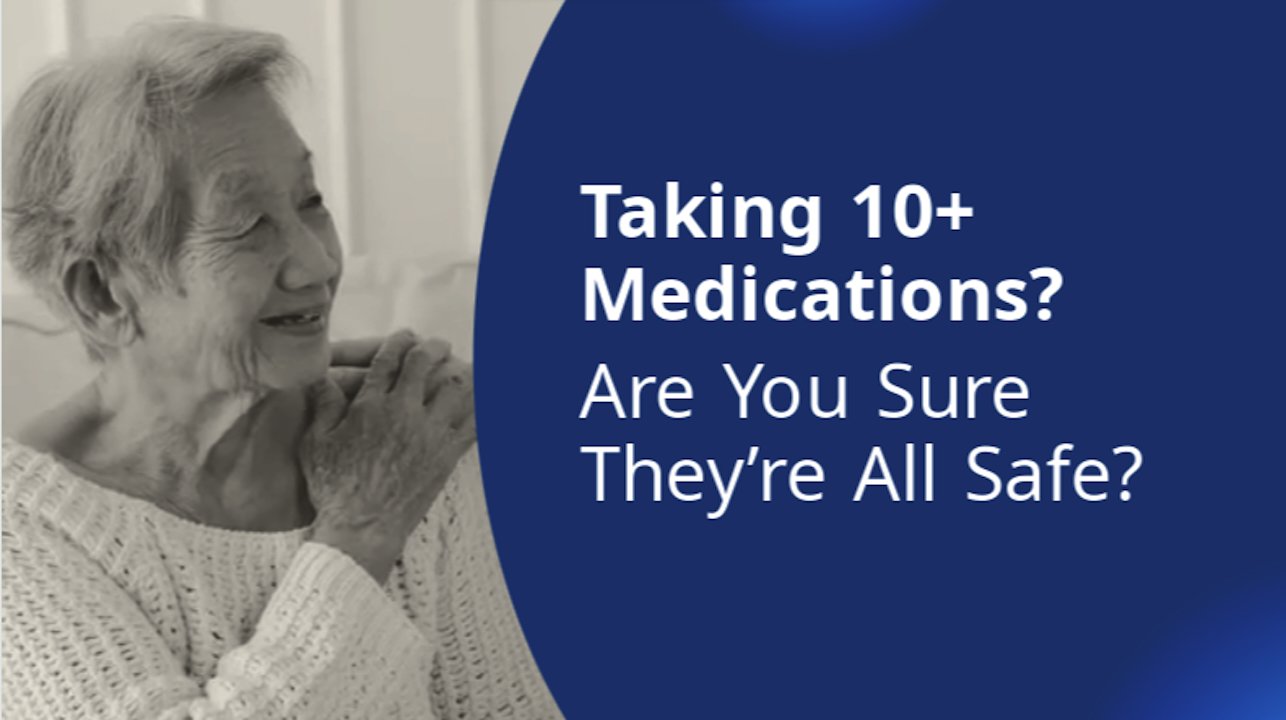 Video featuring Dr. David Lee discussing MyRxPro senior medication services, thumbnail featuring an elderly woman next to text on 10+ medications.