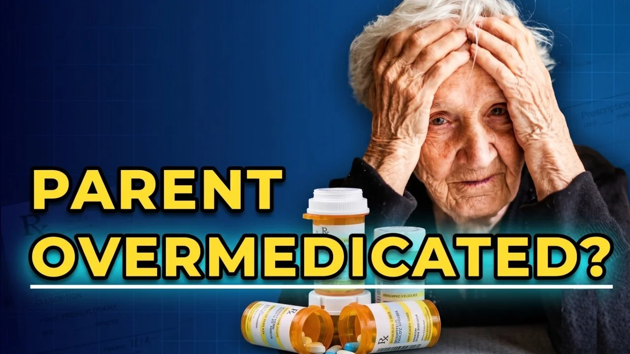 Video featuring Dr. David Lee discussing signs of overmedication in parents, thumbnail featuring a distressed senior woman with pill bottles.