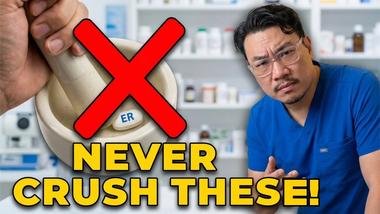 Video featuring Dr. David Lee discussing medications you should never crush, thumbnail featuring Dr. Lee in scrubs next to a crossed-out pill bottle.