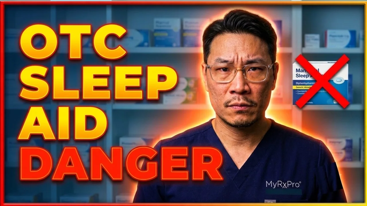 Video featuring Dr. David Lee discussing OTC sleep aid dangers, thumbnail featuring Dr. Lee in scrubs next to a sleep aid box.