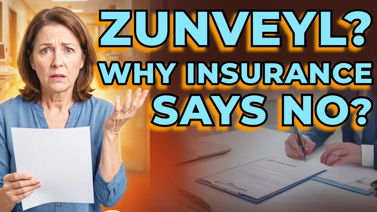 Video featuring Dr. David Lee discussing Zunveyl insurance coverage, thumbnail featuring a confused woman holding paperwork.