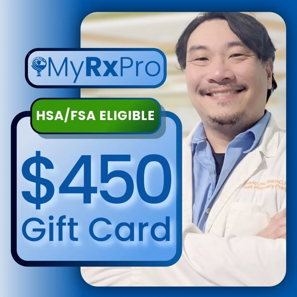 A $450 MyRxPro digital gift card for geriatric pharmacy triage consultations and caregiver advocacy resources.