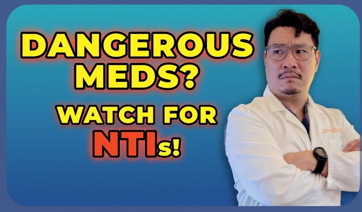 Video featuring Dr. David Lee discussing narrow therapeutic index drugs, thumbnail featuring Dr. Lee in a lab coat with arms crossed.