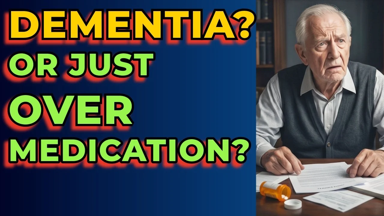 Video featuring Dr. David Lee discussing dementia versus overmedication, thumbnail featuring a concerned elderly man with pill bottles.