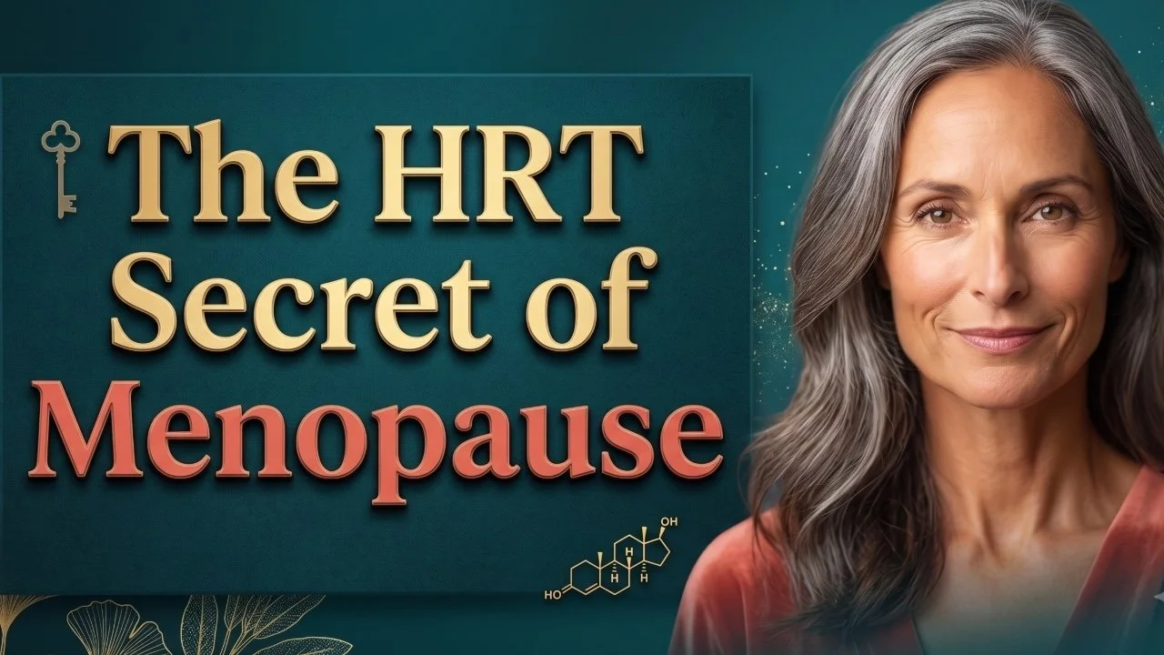 Video featuring Dr. David Lee discussing HRT and menopause health, thumbnail featuring a woman next to a floral graphic.