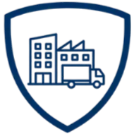 Blue shield emblem with a house, truck, and factory inside