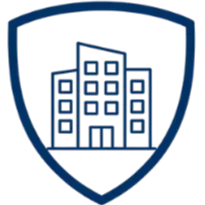 A logo featuring a blue shield with a stylized building in the center.