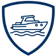 Logo of a speedboat inside a shield outline
