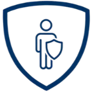Icon of a person holding a shield, inside a shield-shaped outline