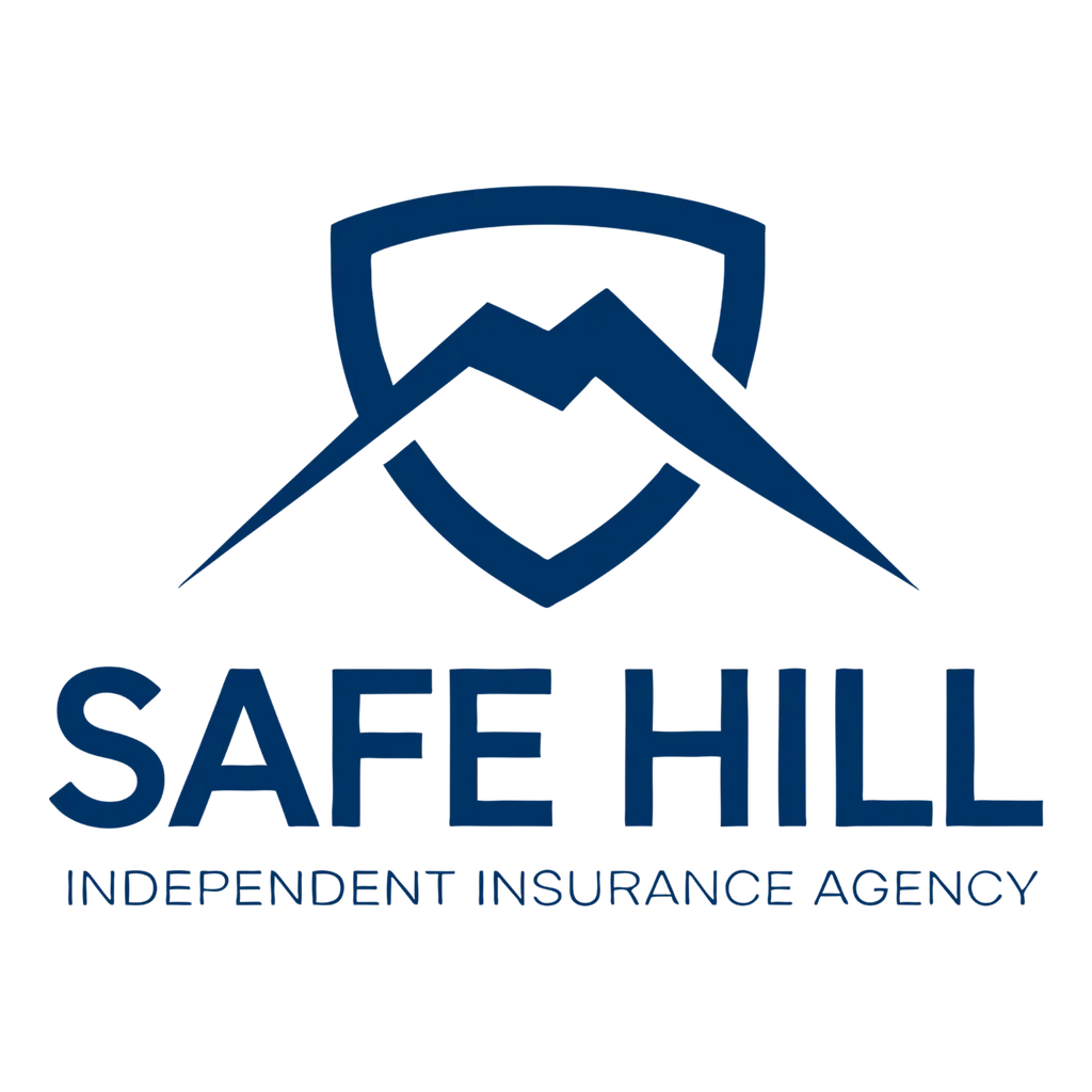 Logo of Safe Hill Insurance Agency with a shield and mountain design in blue and the text 'SAFE HILL' and 'INDEPENDENT INSURANCE AGENCY'.