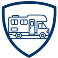 A blue shield-shaped logo featuring a front view of a semi-truck.