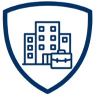 Blue digital security shield with a cityscape icon inside