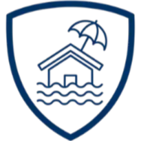 A navy blue shield emblem with a house, water waves, and an umbrella, symbolizing home safety and protection from water damage.