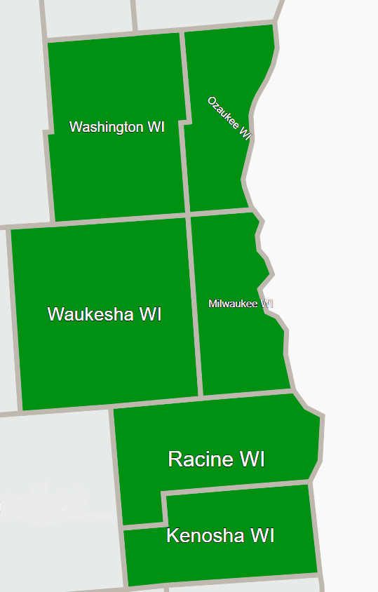Map of counties in Wisconsin, showing Washington, Ozaukee, Waukesha, Milwaukee, Racine, and Kenosha counties, all highlighted in green.