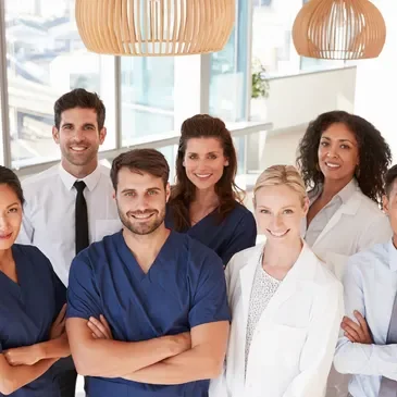 Group of six diverse healthcare professionals, including doctors and nurses, standing together in a modern clinic or hospital setting with large windows and hanging lights.