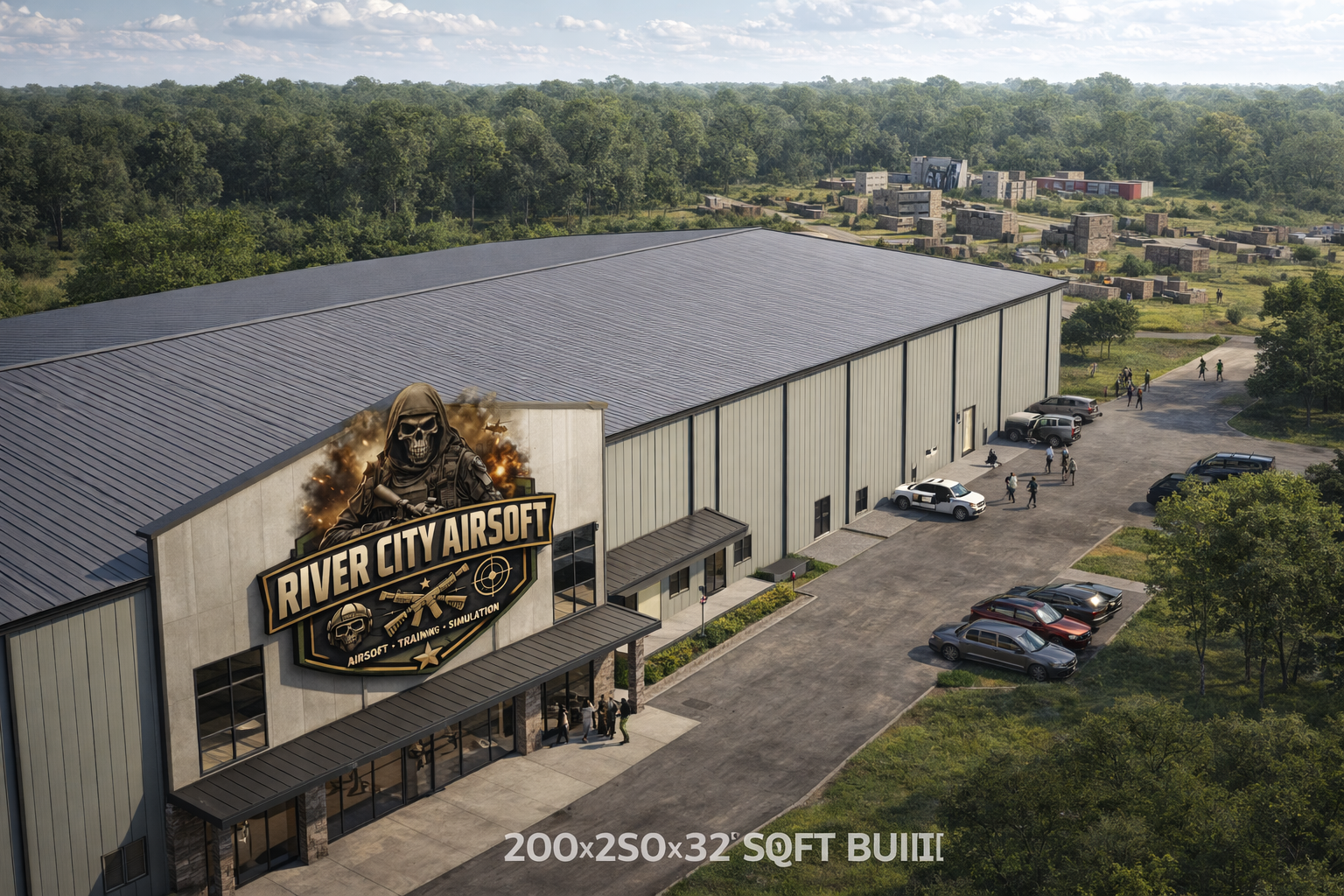 Large building with a sign that reads 'River City Airsoft' and has an image of a skeleton soldier, located in a spacious parking lot with cars and trees, surrounded by a green landscape with trees and a forest in the background.