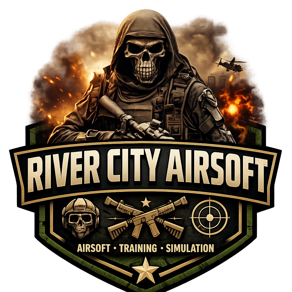 A logo for River City Airsoft featuring a grim reaper in tactical gear with explosions and a helicopter in the background, and symbols of skulls, guns, and crosshairs.