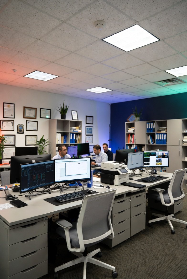 Modern small business workspace with computers and networking equipment”