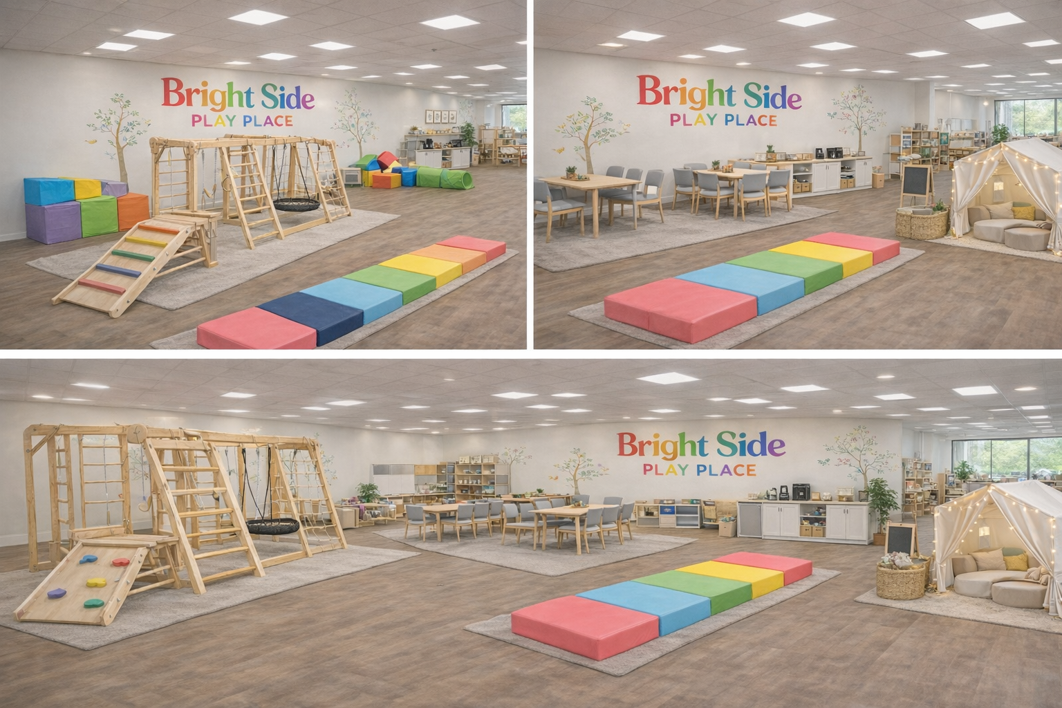 A spacious indoor play area for children with colorful foam blocks, a wooden climbing frame with a slide and a trampoline, and a cozy corner with a tent. The walls are decorated with trees and a sign that reads 'Bright Side Play Place.' There are also tables, chairs, and a kitchenette in the background.