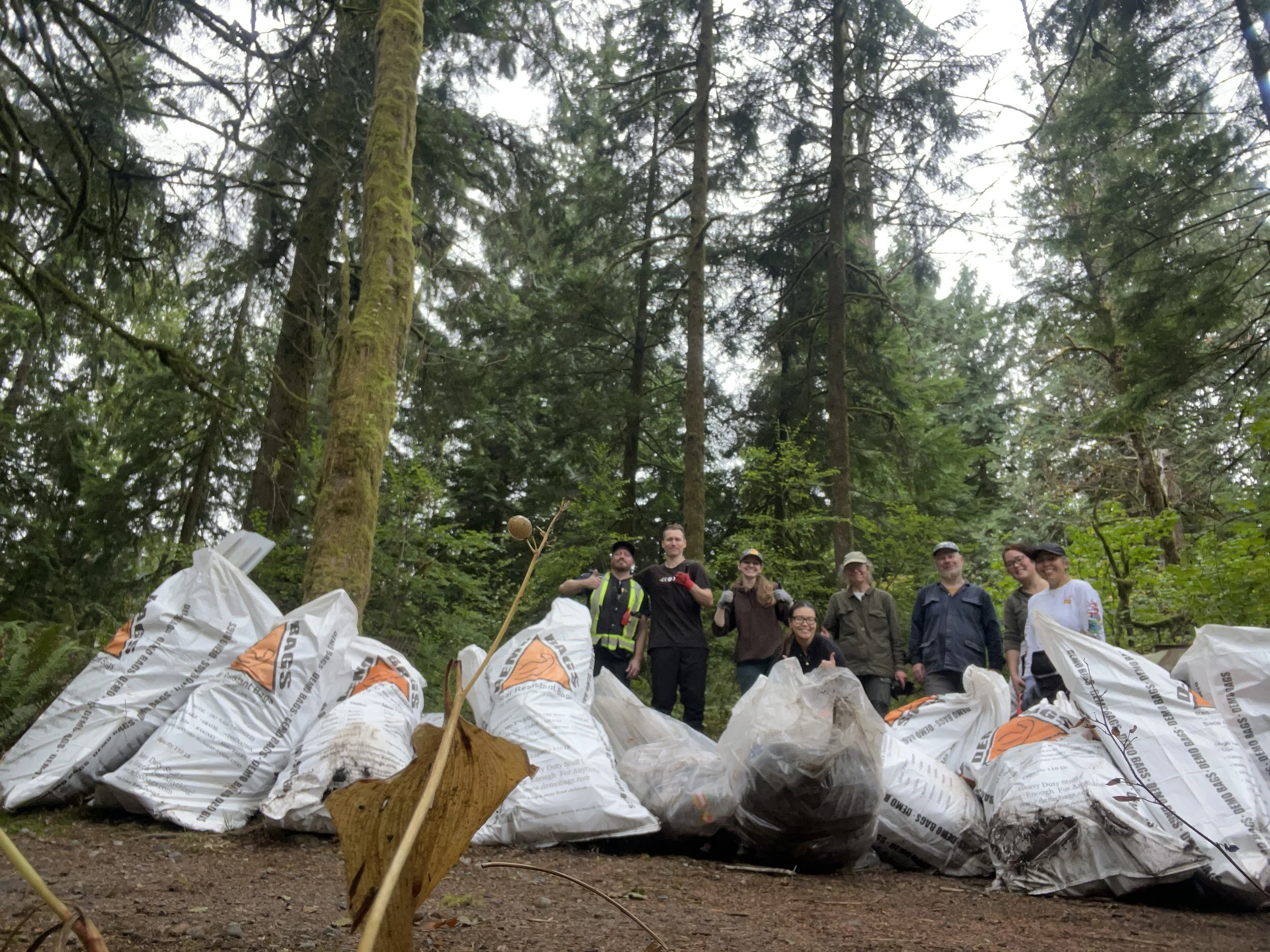 Group of people standing in a forest behind large bags of collected trash during a cleanup event.