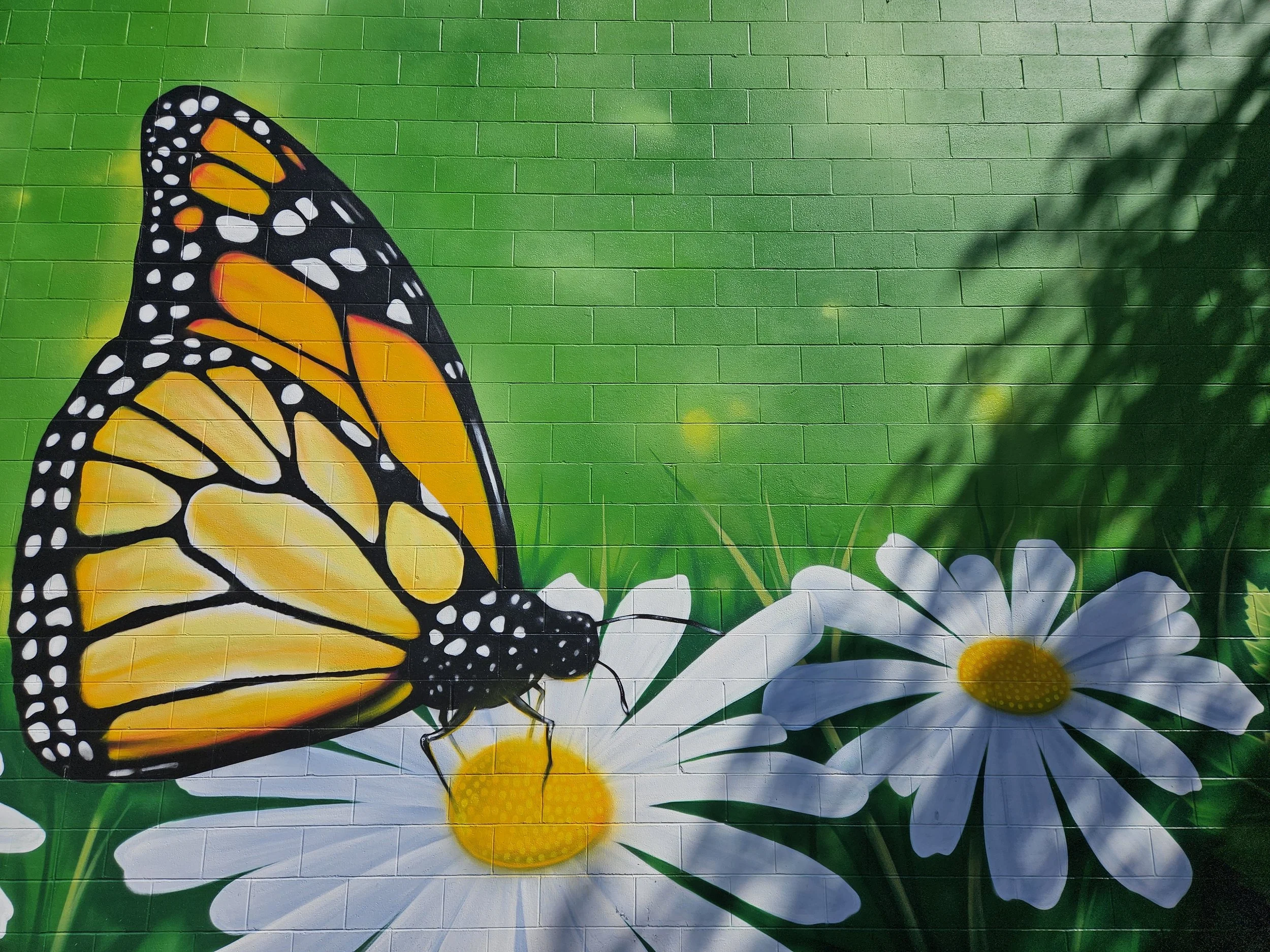 A painted mural of a monarch butterfly perched on a white daisy flower against a green background.