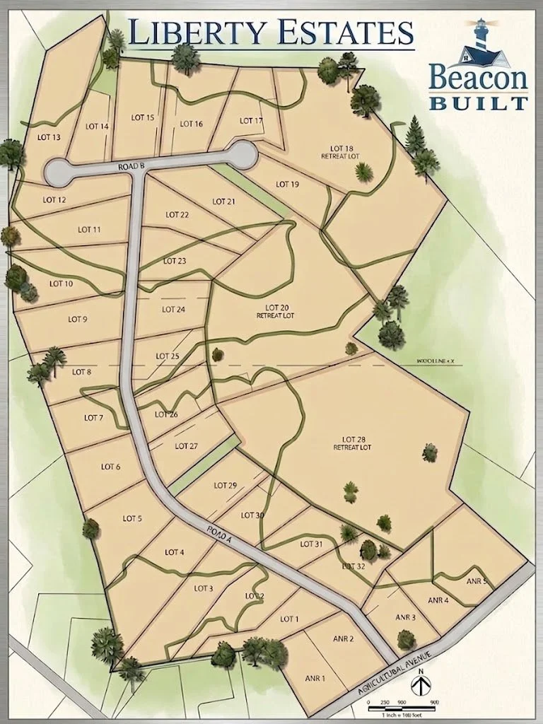 Illustrated site plan for Liberty Estates, a 32-lot residential community in Rehoboth, Massachusetts