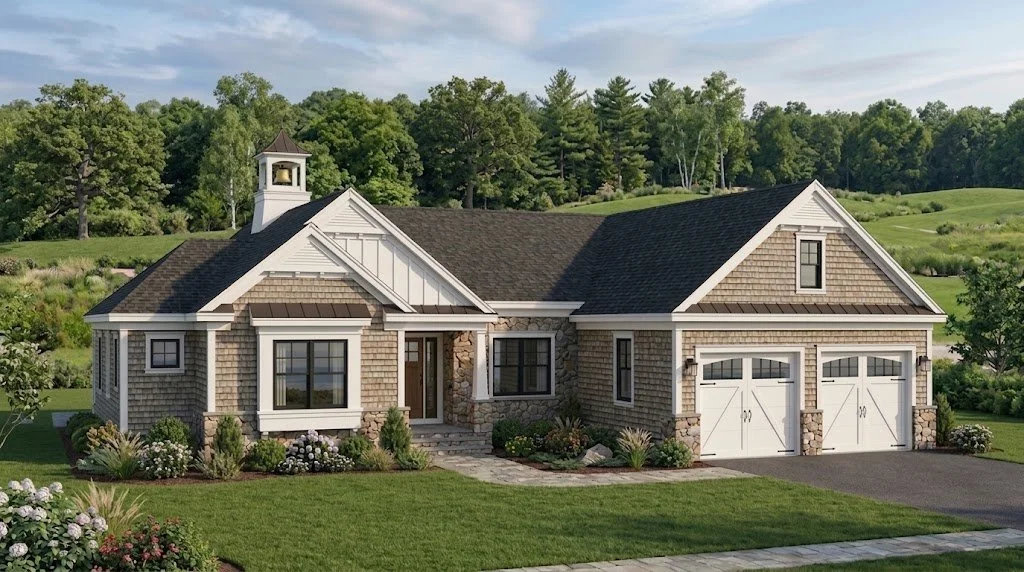 One-story New England-inspired custom home concept for Liberty Estates in Rehoboth, Massachusetts