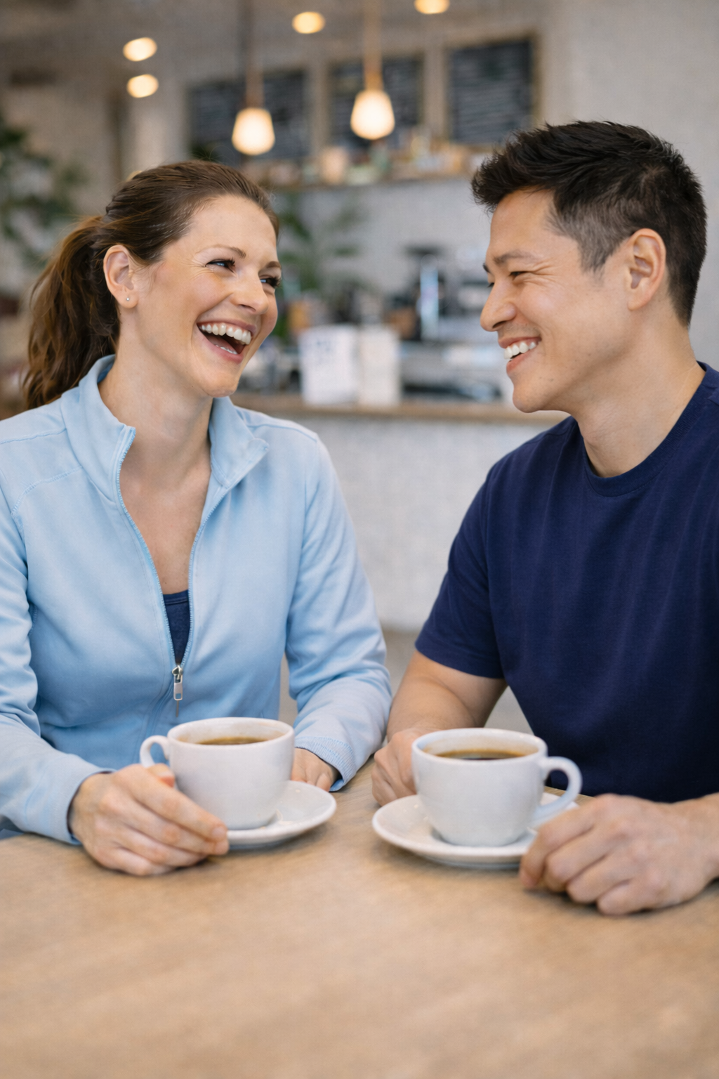 A woman and a man sitting at a table in a cafe, smiling and sharing a moment with cups of coffee.