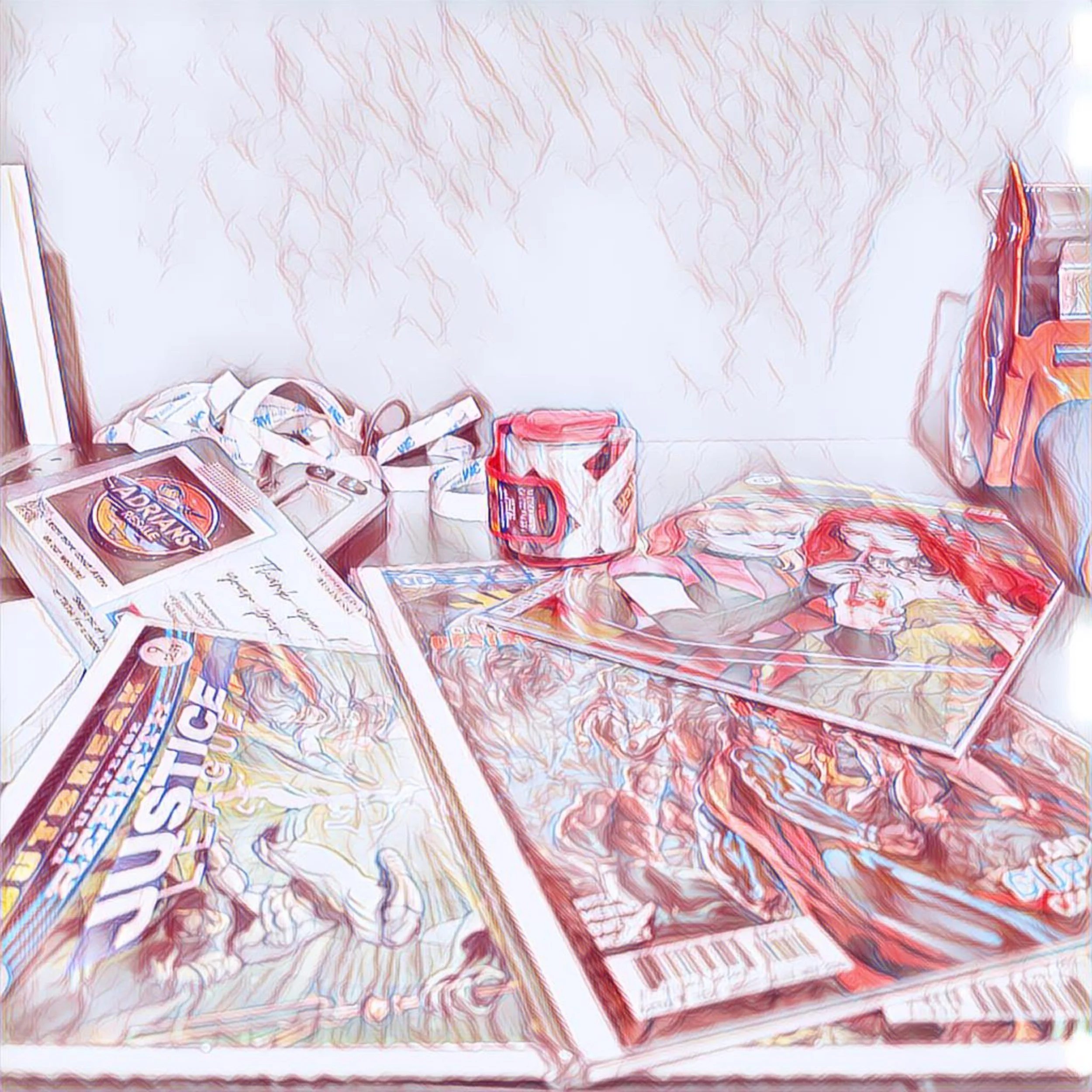 A cluttered table with comic books, a newspaper, a container of protein powder, a tablet, and a backpack against a white wall.