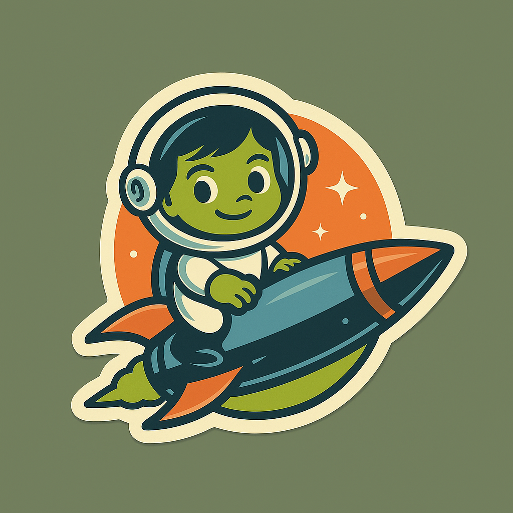 Cartoon of a child with green skin and dark hair, wearing a space helmet, riding a rocket with orange and gray colors and small sparkles in the background.