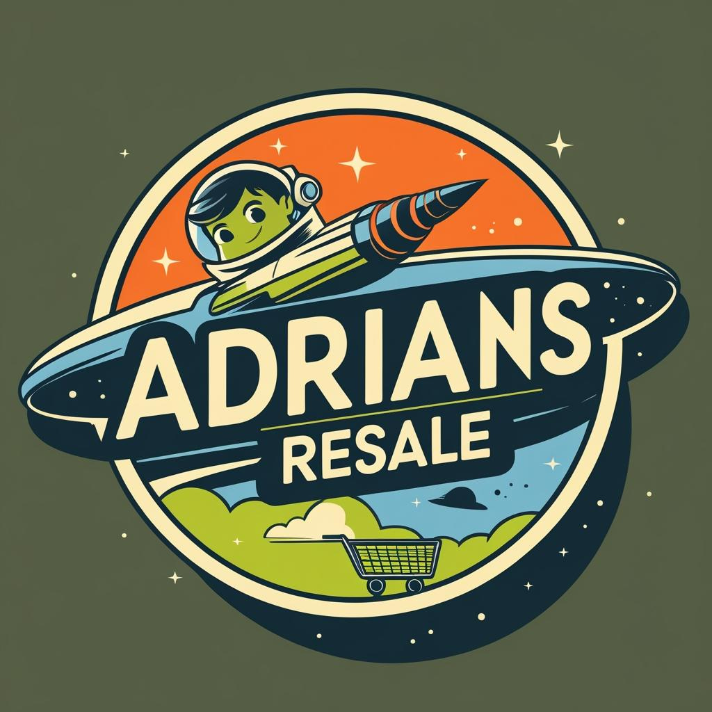 Logo with a cartoon astronaut in a spaceship, a rocket, a shopping cart, and space-themed elements, with the text 'Adrians Resale'.