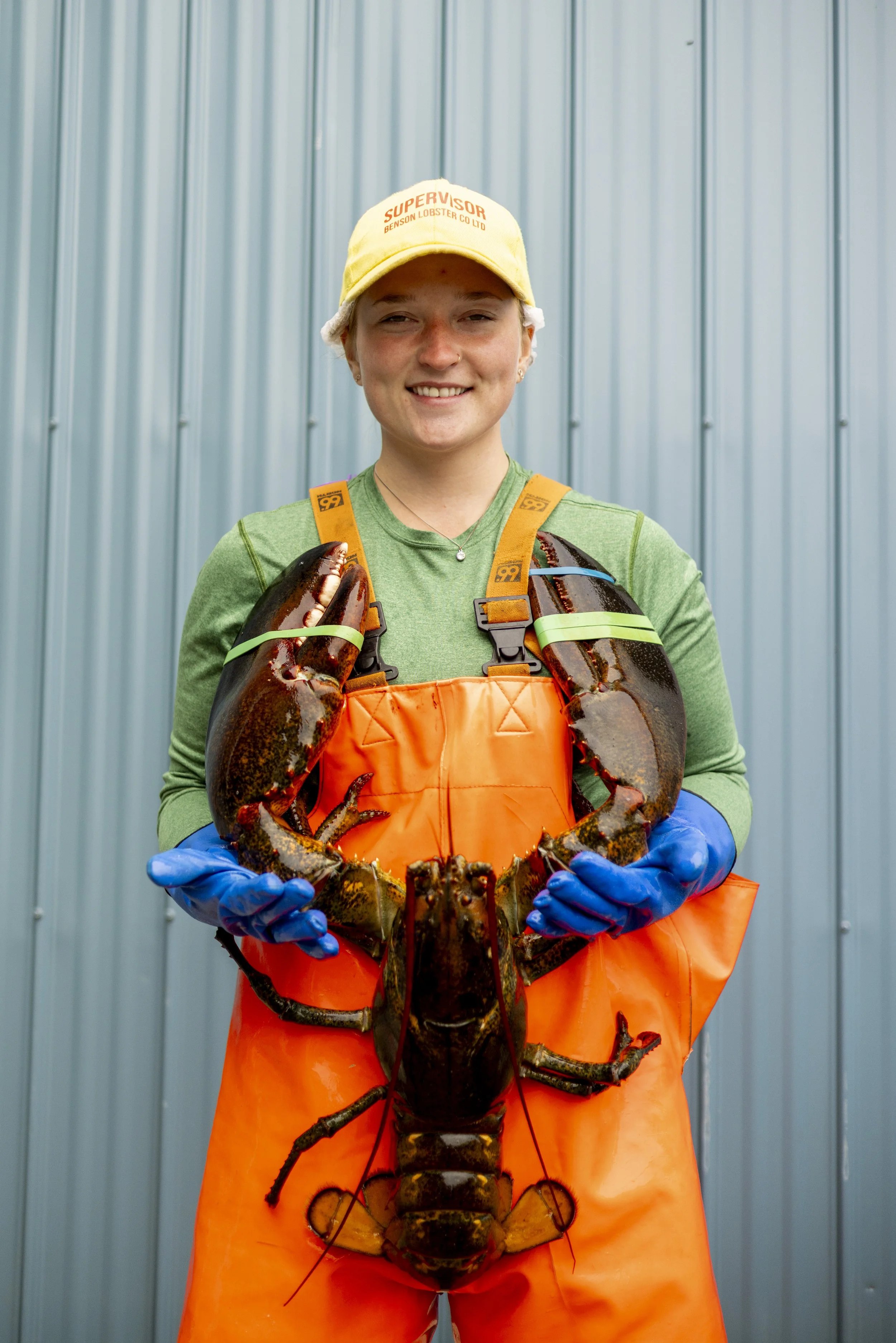 A woman wearing a yellow cap, green shirt, and orange apron holds a large lobster with blue gloves in front of a blue metal wall.