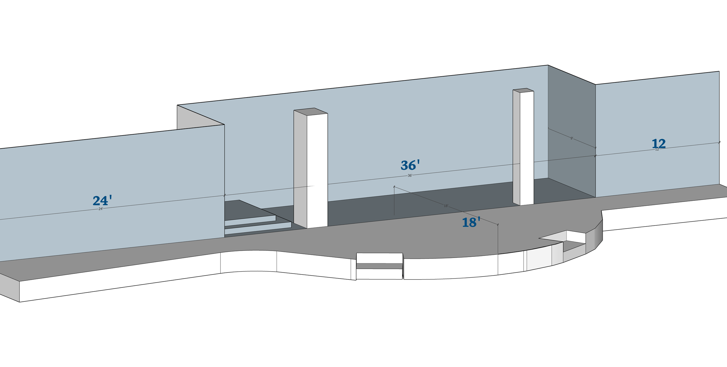 3D architectural design of a backyard with measurements. It shows a rectangular swimming pool with a curved edge, surrounded by a deck. The yard is divided into three sections measuring 24 feet, 36 feet, and 12 feet in length, with a height of 18 feet at the walls and columns.