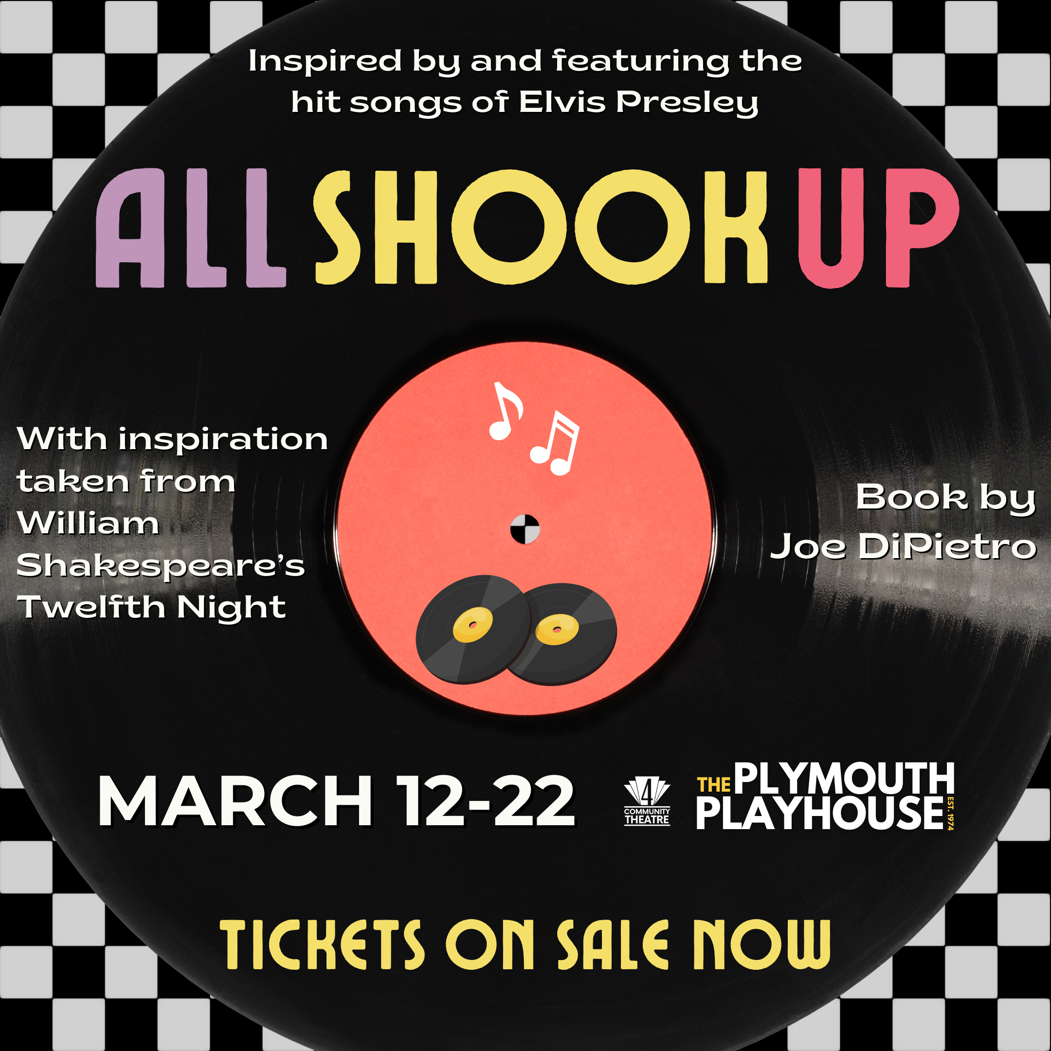A vinyl record with event details for a musical show inspired by Elvis Presley, featuring lyrics from William Shakespeare's Twelfth Night, scheduled from March 12th to 22nd at The Plymouth Playhouse, with tickets available now.