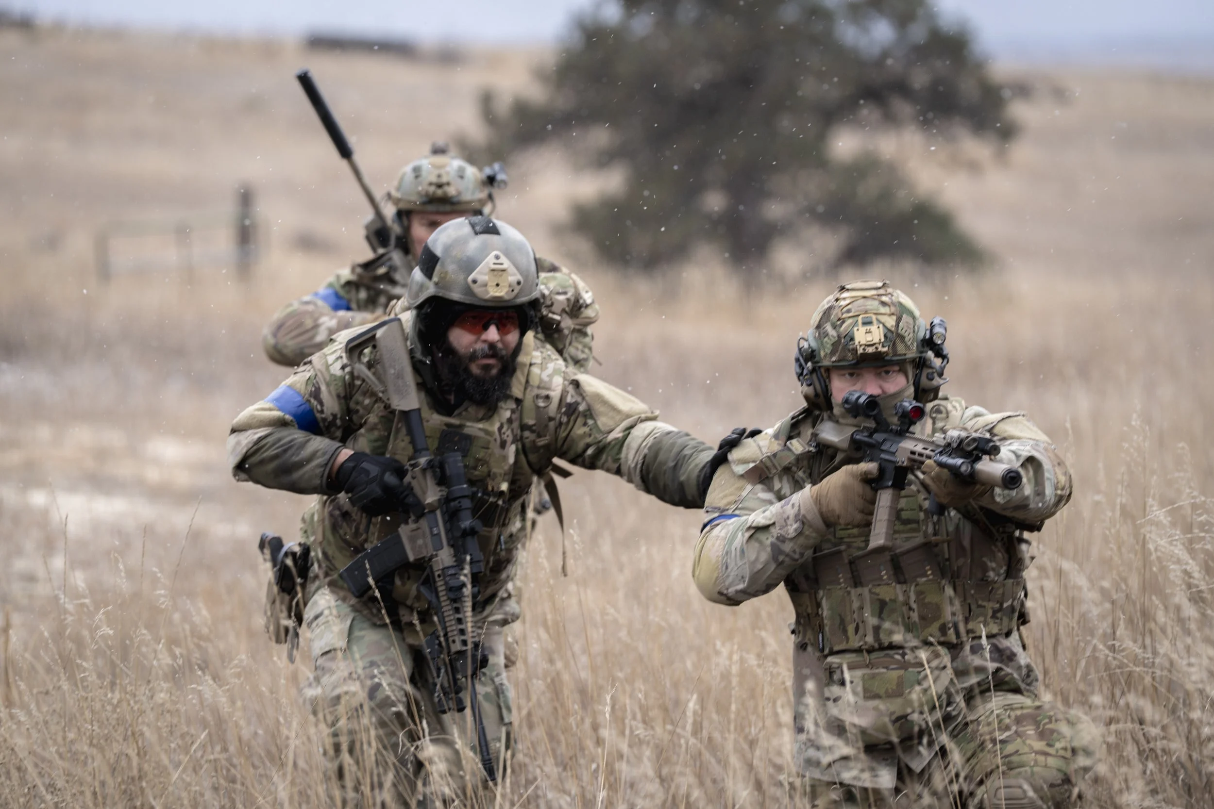 Military soldiers in camouflage uniforms conducting a training or patrol mission in a grassy field with dry grass and a tree in the background.