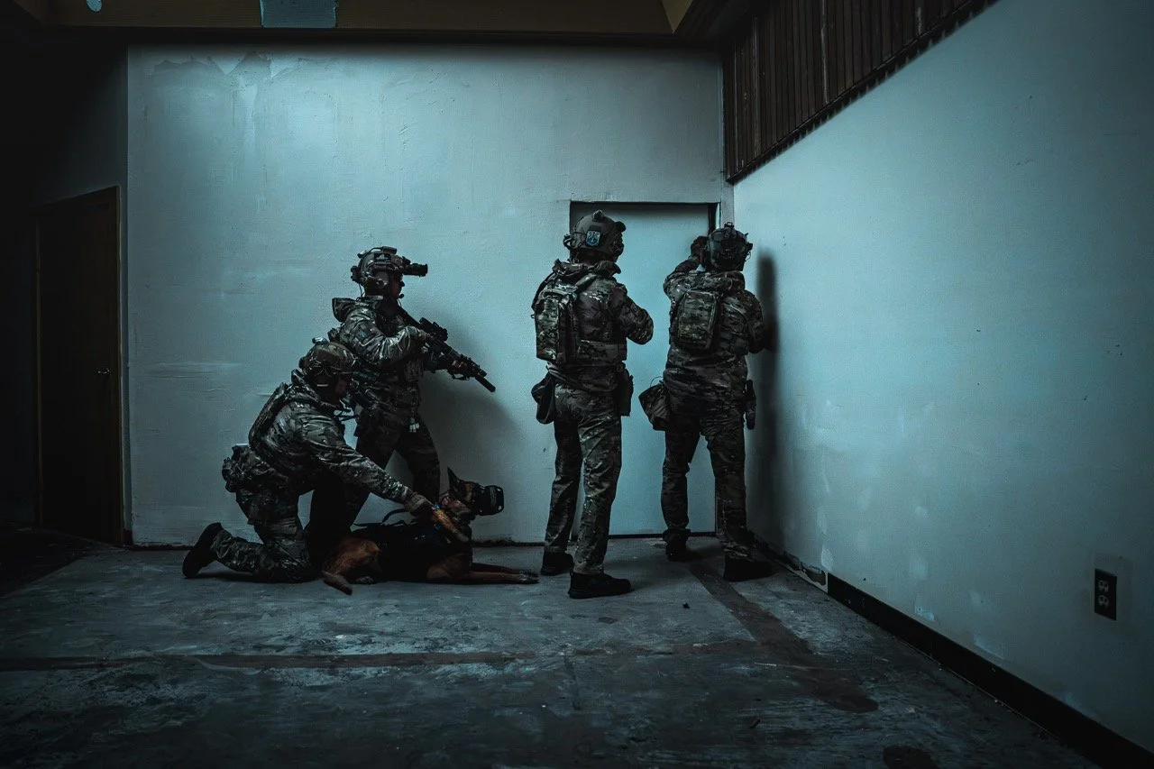 Four military or SWAT team members in tactical gear conducting a room search, one kneeling with a police dog, others standing and aiming their weapons.