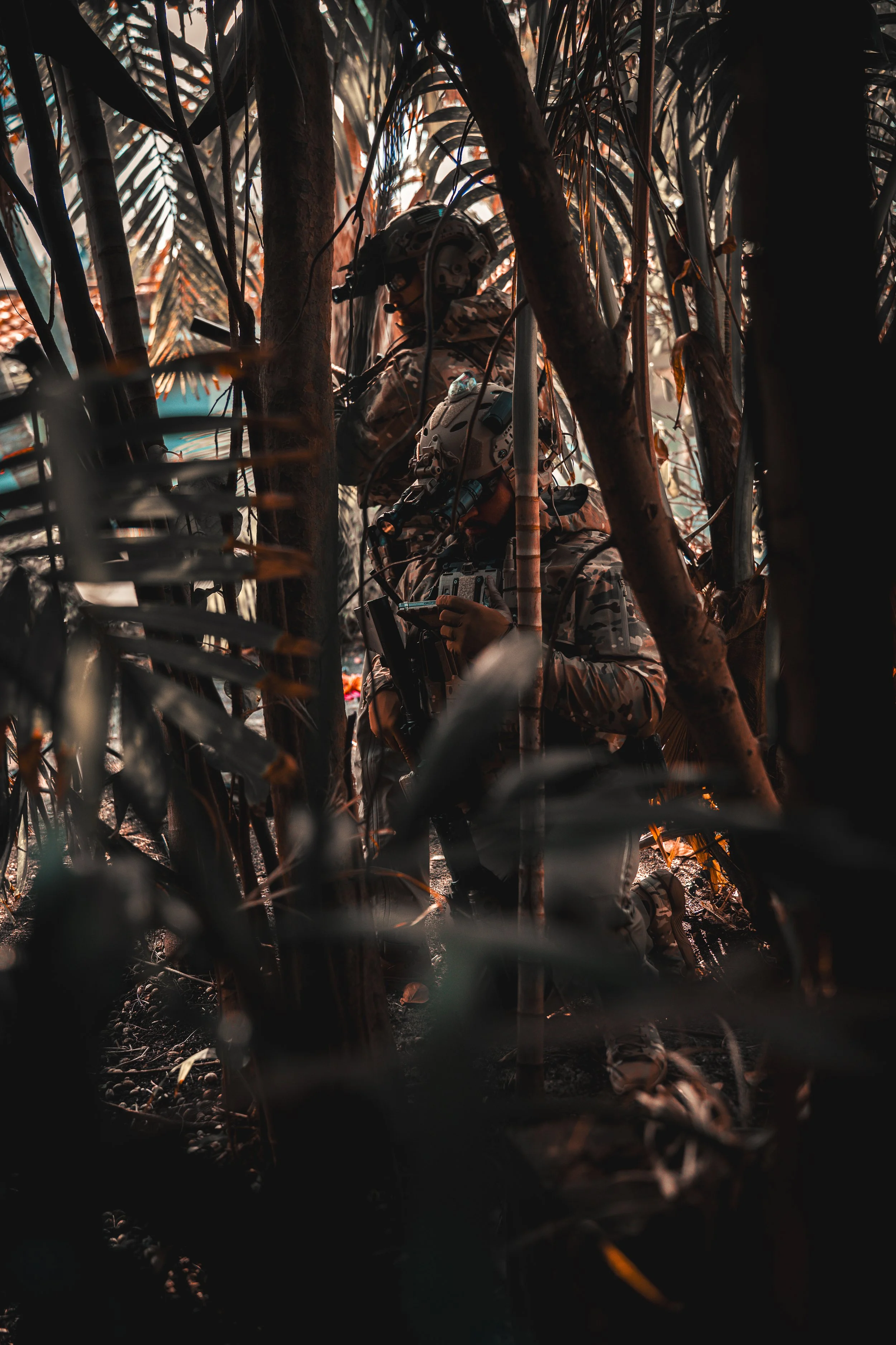 Soldiers in camouflage gear navigating through dense jungle foliage with sunlight filtering through the leaves.