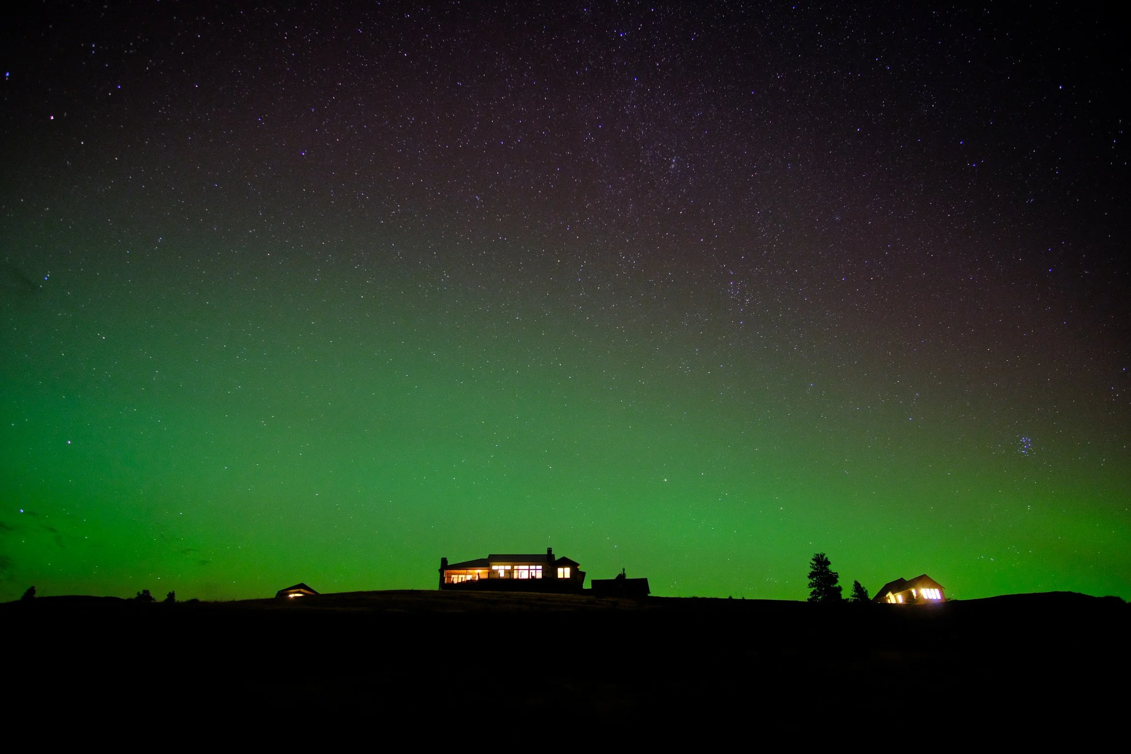 Night sky with stars and the northern lights, silhouette of houses and trees in the foreground.