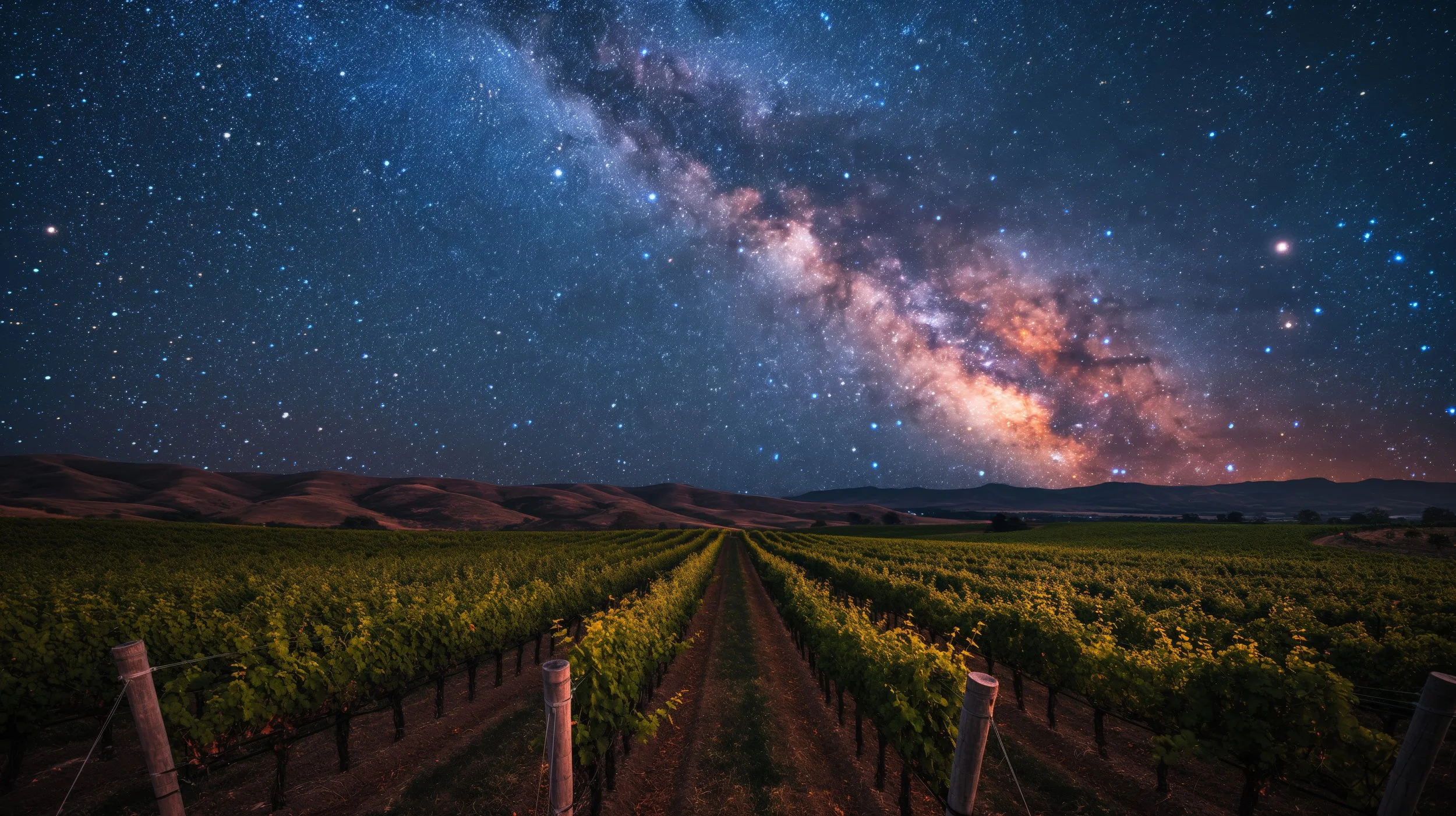 Manson vineyard at night under the Milky Way galaxy