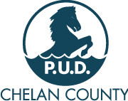 Logo of P.U.D. Chelan County showing a horse's head silhouette with water waves underneath.