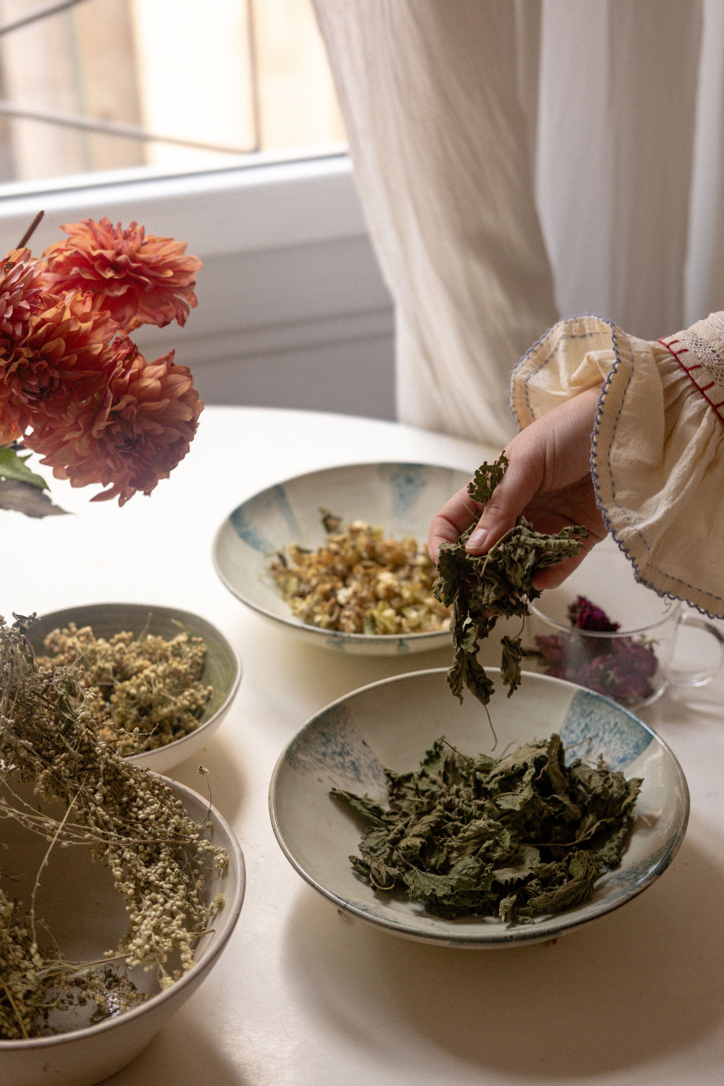 Une personne trie des herbes séchées dans des bols en céramique blanche, avec des fleurs roses à gauche et une fenêtre en arrière-plan.